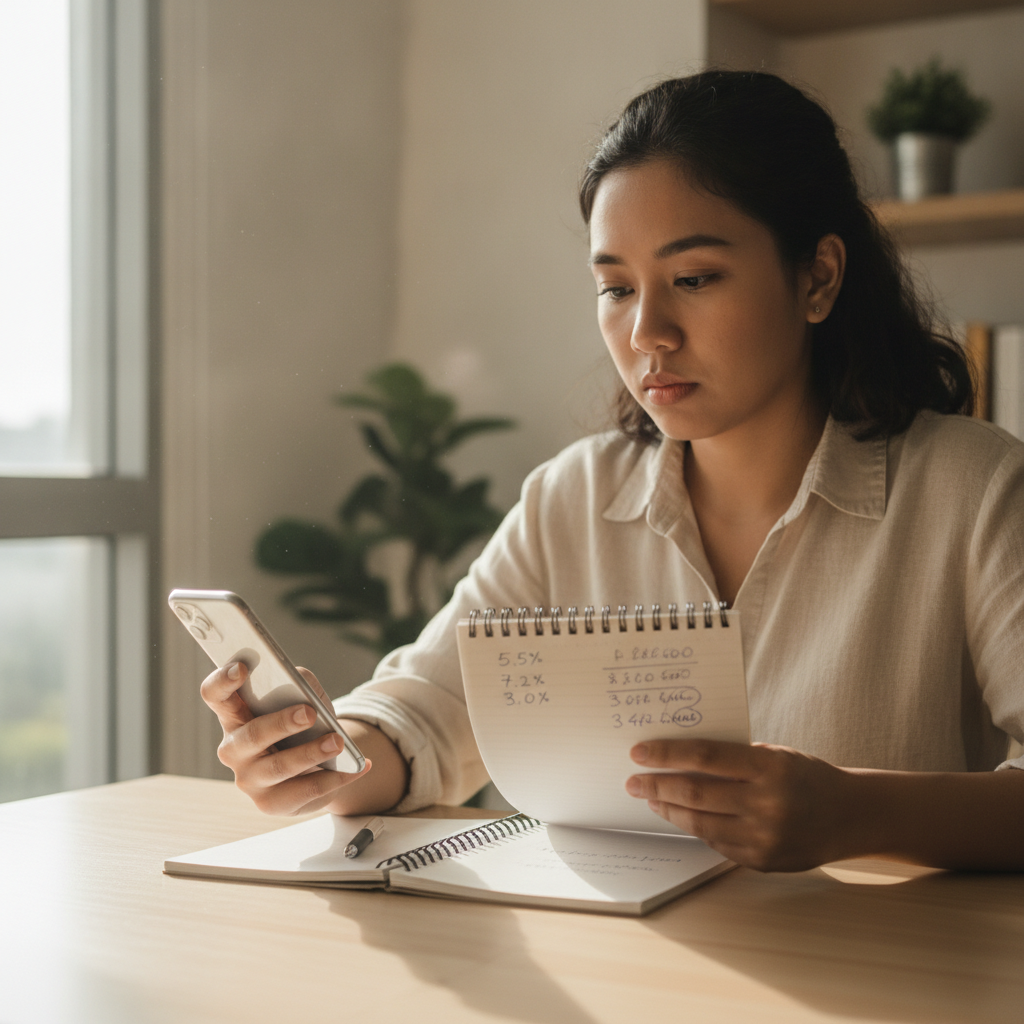 Filipino player comparing casino bonus offers on smartphone with notes